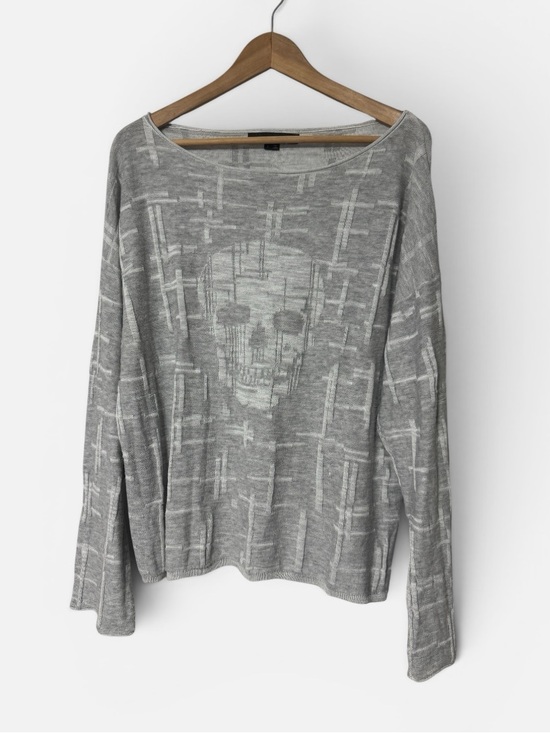 Skull Cashmere Sweaters - Skull Cashmere Gray & White Bold Skull Motif Print Cotton Pullover Sweater L